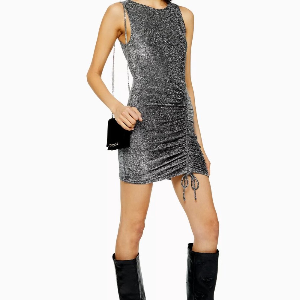 Silver Metallic Thread Built Up Ruched Dress